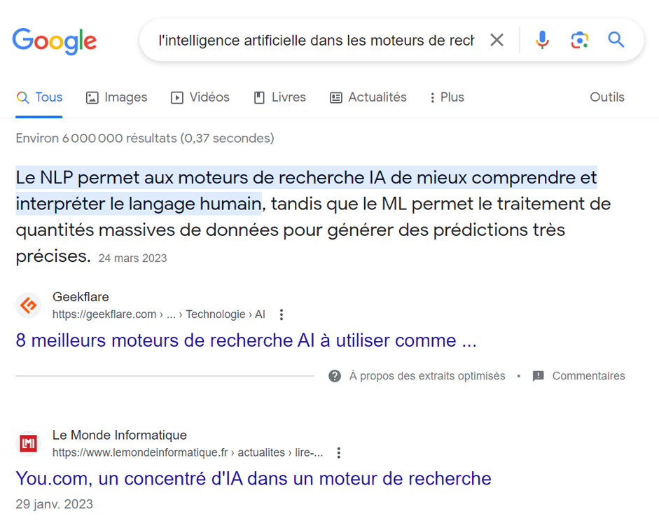Capture d'écran des résultats de la recherche Google 'l'intelligence artificielle dans les moteurs de recherche'. Le premier résultat est un extrait d'un article du site geekflare.com, dont la phrase 'Le NLP permet aux moteurs de recherche IA de mieux comptendre et interpréter le langage humain' est surlignée.