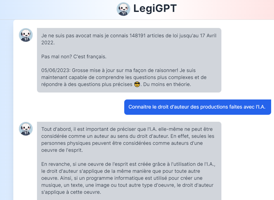 Capture d'écran d'une conversation avec LegiGPT