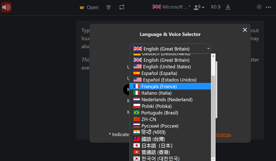 Capture d'écran du menu de sélection de la langue sur TTS reader