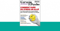 couverture de la revue "Cerveau & psycho". Sous le titre de la revue, le titre "Comment faire du stress un allié" et une main serrant une balle antistress avec un smiley